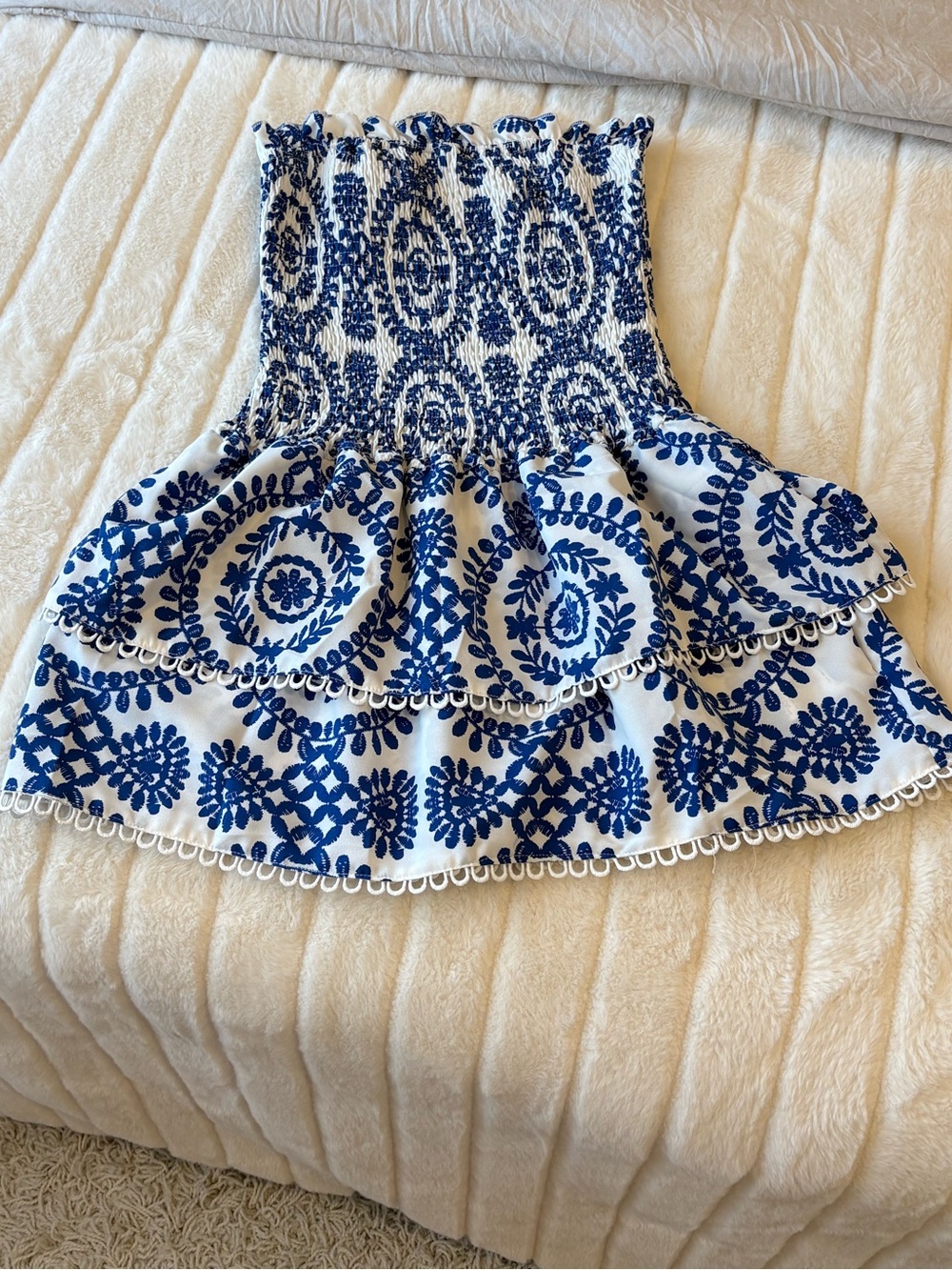 Blue and White Floral Smocked Dress